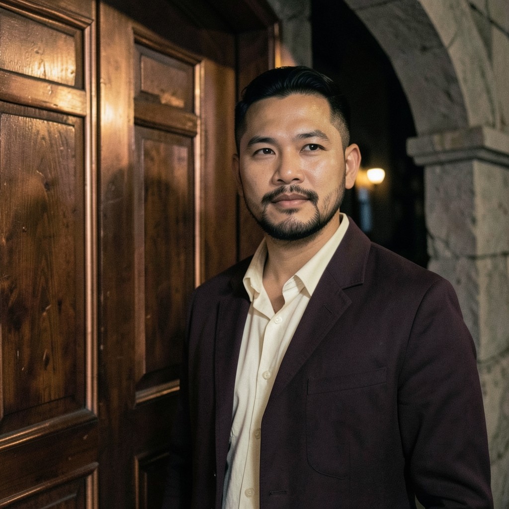 Portrait of Arif bin Lateh beside a copper-trimmed wooden door