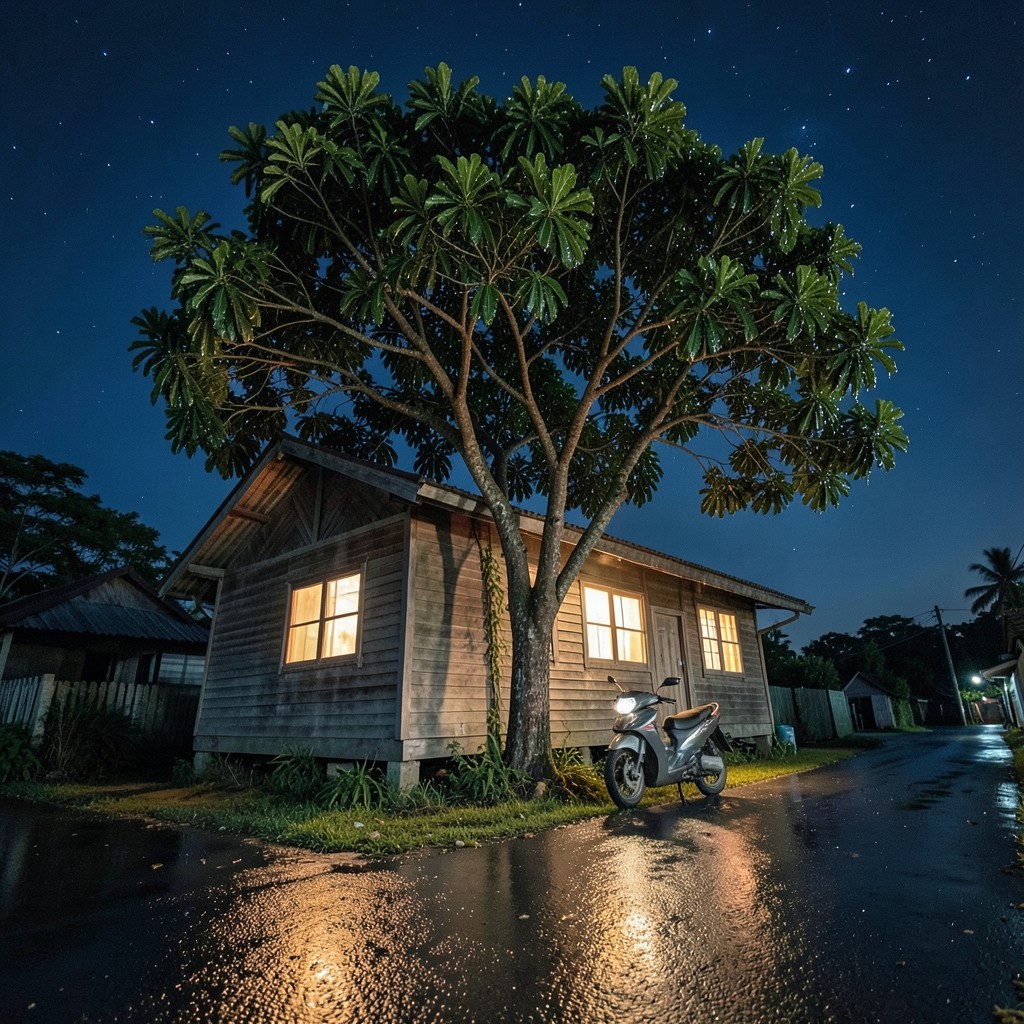 A single-storey house at night with warm windows in rural southern Thailand