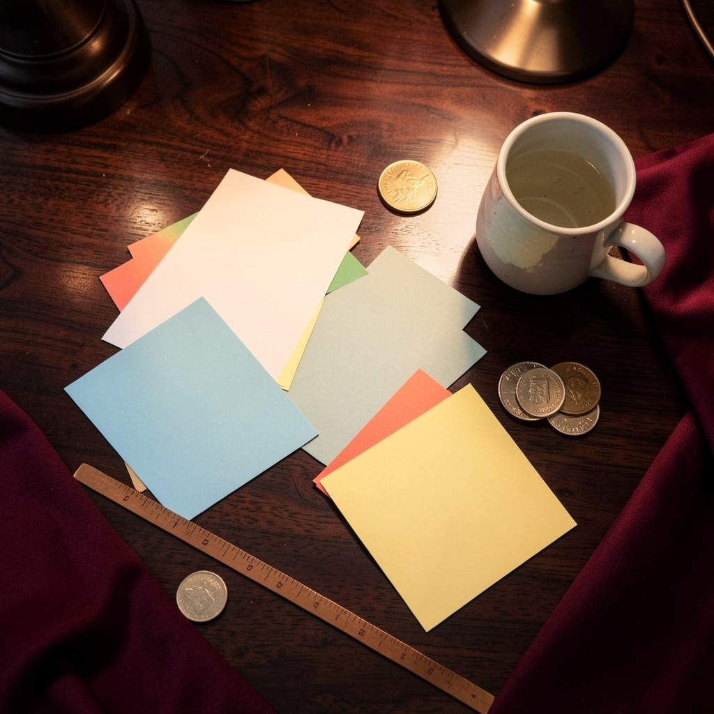 Blank cards, coins, and a ceramic cup arranged on dark wood