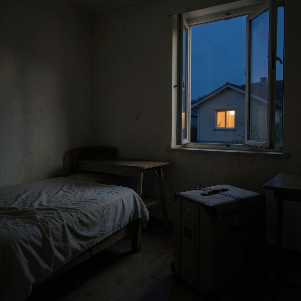 A packed suitcase in a rented room looking toward a lit house at dusk