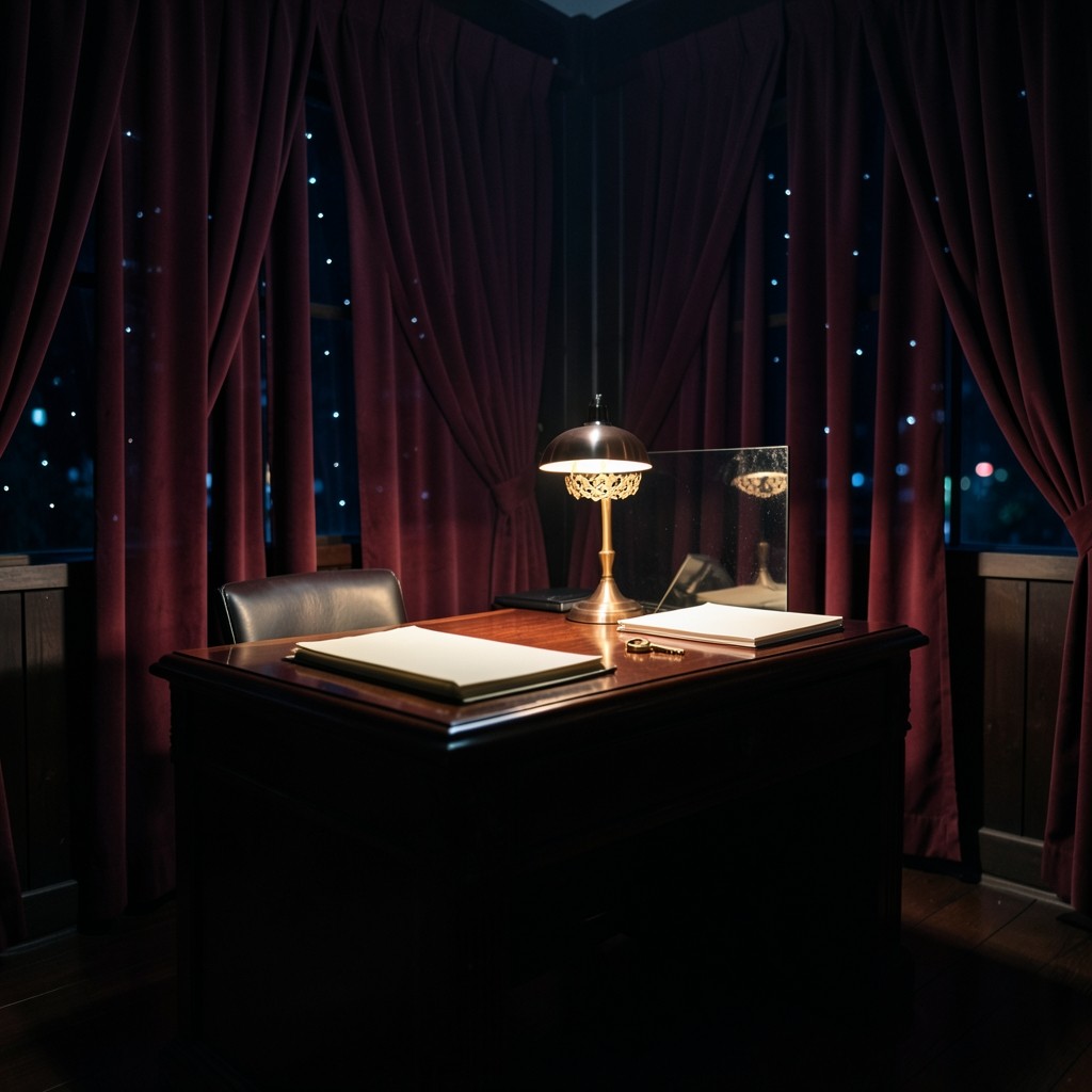 Evening consultation room with burgundy velvet, a copper lamp, and closed folders on dark wood