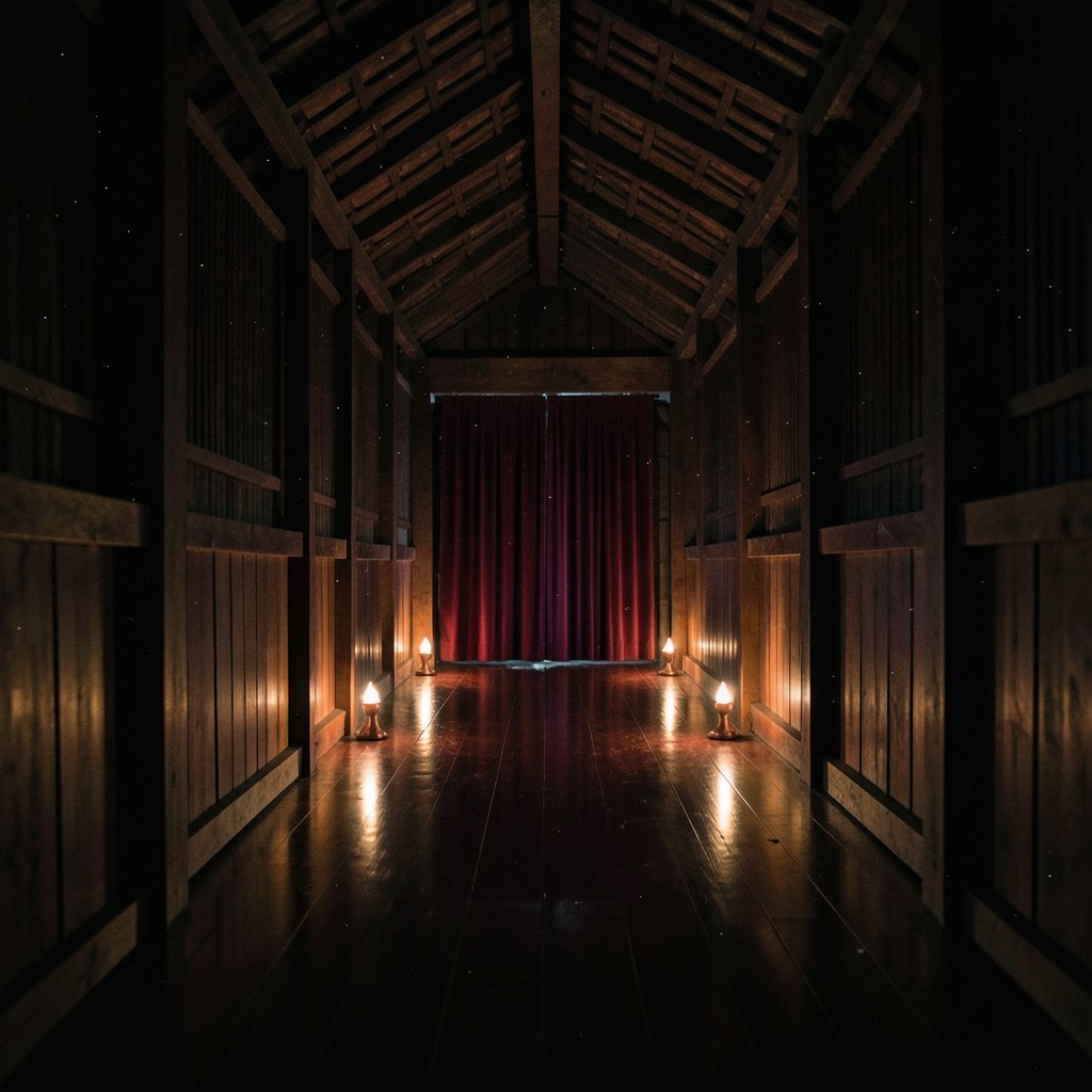 Night view down a wooden passageway lined with small copper lamps