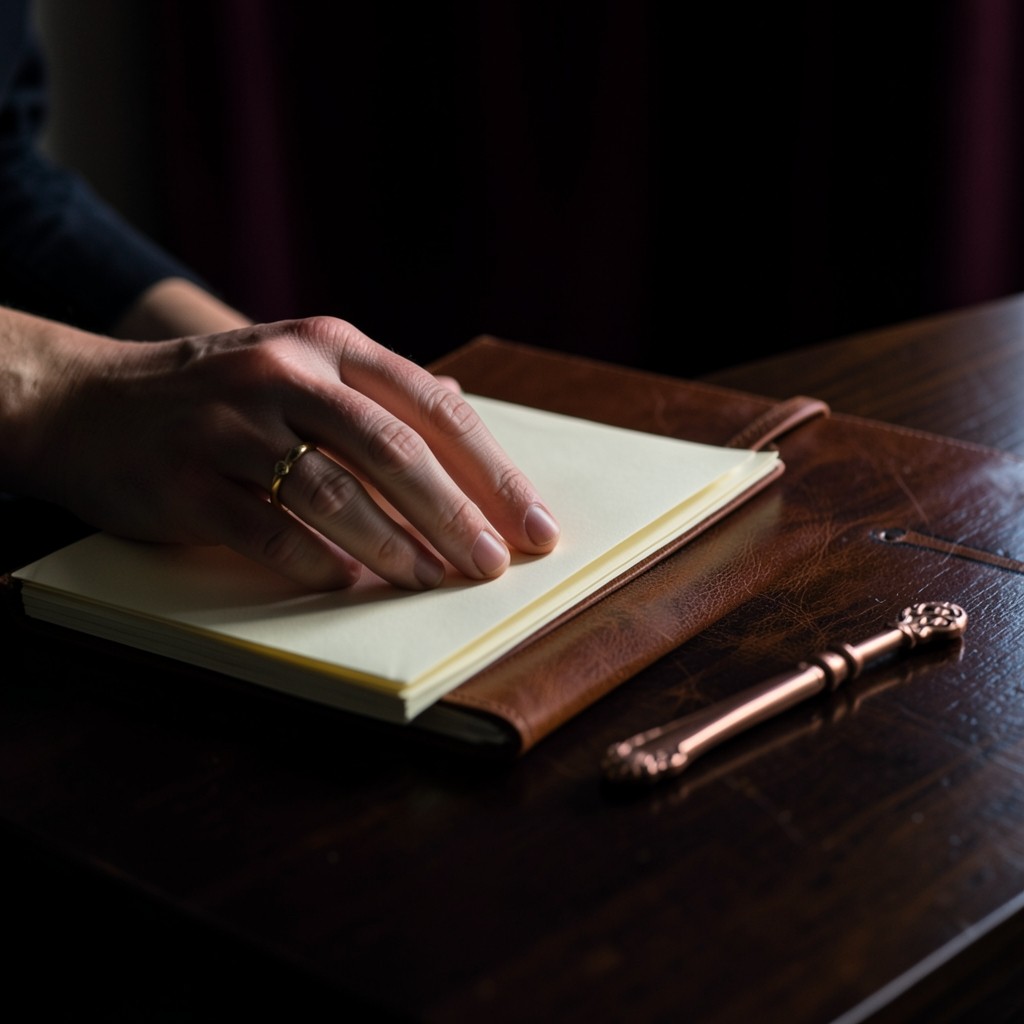 Hands arranging blank envelopes and a closed notebook on dark wood