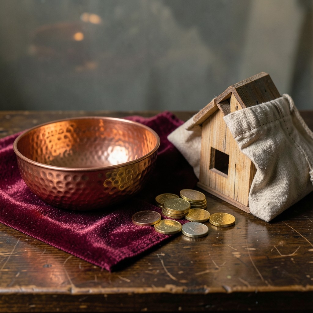 Copper bowl, coins, and a small wooden house model on burgundy velvet