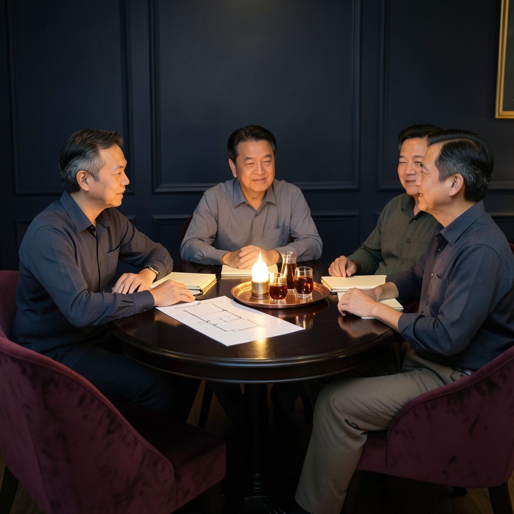 Adults seated at a lacquered table with closed folders in a velvet-lined room